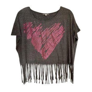 Grey Cropped Fringe Top with Heart Print